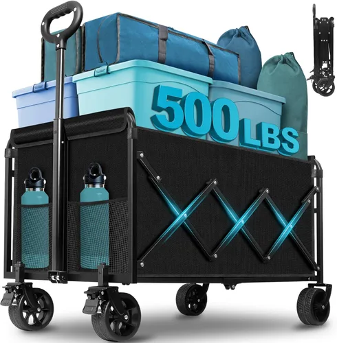 Vista 10 de Carro plegable con ruedas: Carro de utilidad plegable de 360LBS de alta resistencia - Carro de compras portátil todo terreno para compras de Negro