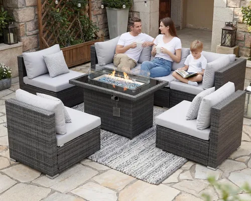 Vista 51 de BULEXYARD Juego de muebles de exterior de respaldo alto de 7 piezas con hoguera, juego de sofá de patio de mimbre duradero para todo tipo de clima