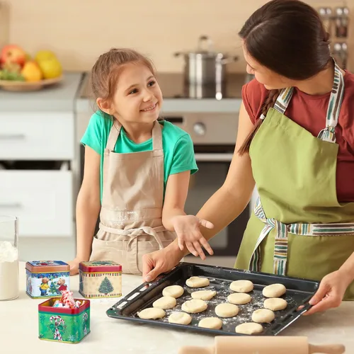 Vista 7 de Sosation 12 piezas de latas para galletas de Navidad con tapas, juego de latas para caramelos cuadradas, cajas de caramelos de metal, contenedores