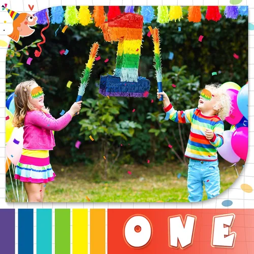 Vista 5 de Sratte Piñata de números arcoíris, piñata multicolor, pequeña fiesta de cumpleaños con palo y confeti para cumpleaños, aniversario, fiesta de Cinco
