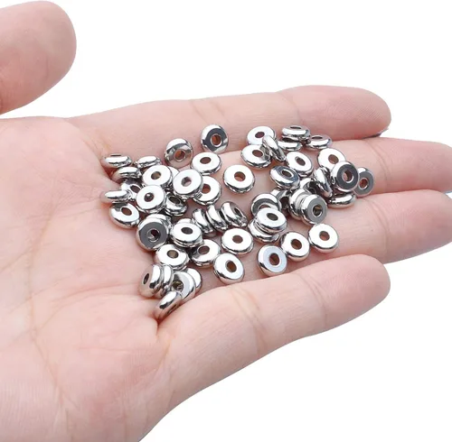 Vista 7 de 100 cuentas espaciadoras de disco plano de 0.236 pulgadas de acero inoxidable, redondas, espaciadores de cuentas sueltas, dijes espaciadores