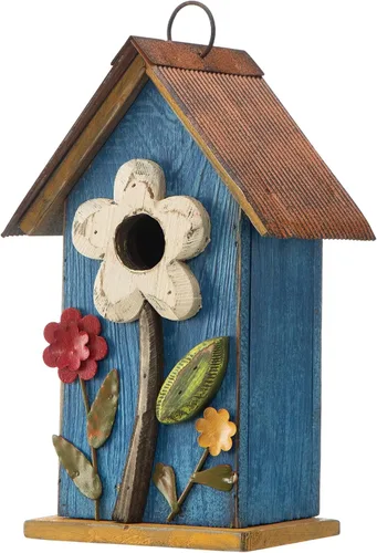 Vista 8 de Glitzhome Casas para pájaros colgantes para exteriores, 10.75 pulgadas de largo, madera maciza envejecida con flores 3D, rústicas pintadas a mano