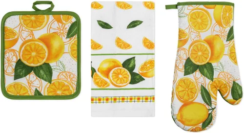 Vista 16 de Juego de ropa de cocina estampada de 3 piezas, 1 toalla de algodón, 1 agarradera, 1 guante de horno con lazo para colgar, material 100% algodón