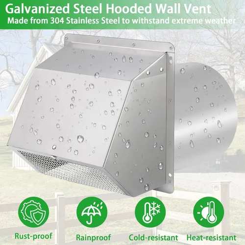 Vista 6 de Cubierta de ventilación de pared de 6 pulgadas, campana de ventilación de pared exterior con pantalla y amortiguador, cubierta de ventilación