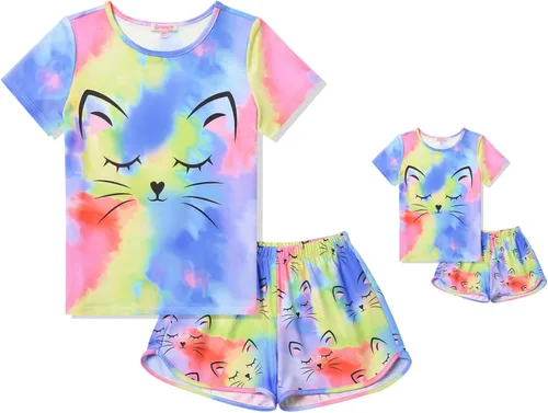 Vista 11 de QPANCY - Conjunto de pijamas a juego para niñas y muñecas con diseño de unicornio, ropa de dormir de algodón para el verano