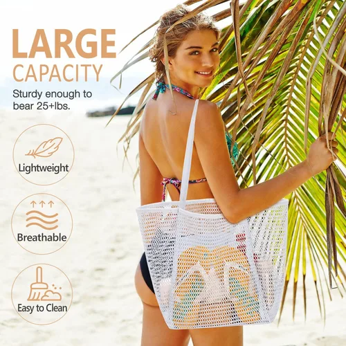 Vista 2 de hatisan Bolsa de playa de malla, bolsas de playa mejoradas para mujer, bolsa de malla, bolsa hobo, accesorios de playa