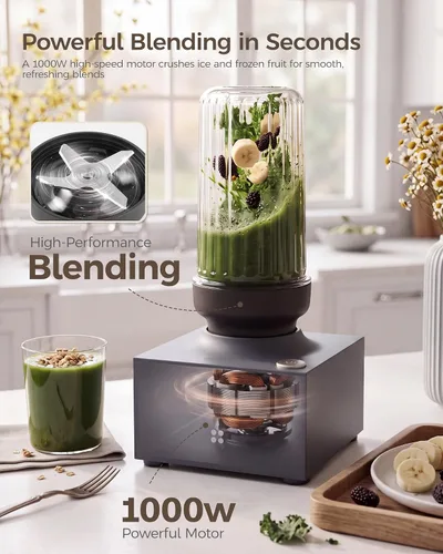 Vista 10 de iCucina Cubetto - Licuadora personal compacta de 1000 W y herramienta aromática, mezcladora minimalista para bebidas congeladas, batidos y batidos