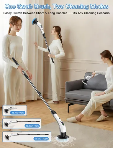 Vista 6 de Limpiador eléctrico giratorio con pantalla LCD eléctrica, cepillo de limpieza inalámbrico de baño con mango de extensión ajustable, 400 RPM/minutos