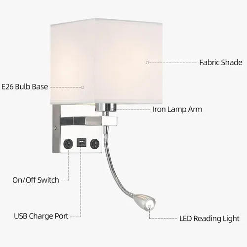 Vista 4 de Apliques de pared con cableado moderno para dormitorio con puerto USB y lámpara de lectura, lámparas de pared de noche para hotel, sala de estar
