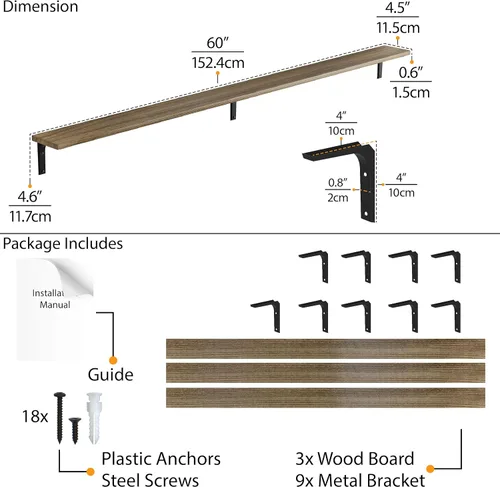 Vista 3 de Wallniture Nola - Estantes flotantes de 3 piezas de 60 pulgadas de largo, estantes de pared rústicos para cocina, sala de estar, madera de Paulownia