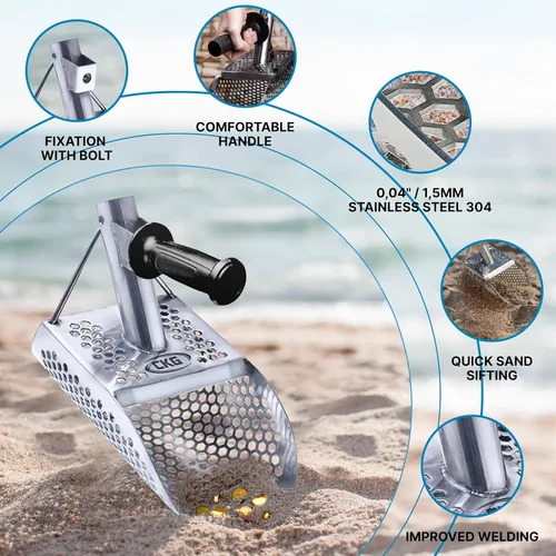 Vista 2 de CKG Cuchara de arena para detección de metales, cuchara de metal resistente, acero inoxidable 304, pala detector de metales con mango, detector