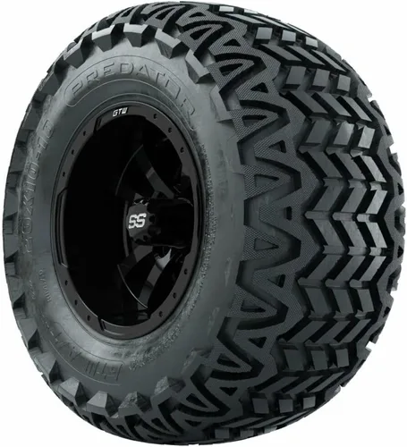 Vista 3 de GTW Combo de ruedas y neumáticos para carrito de golf de 10 pulgadas GTW Storm Trooper Ruedas negras brillantes en neumáticos Predator todo