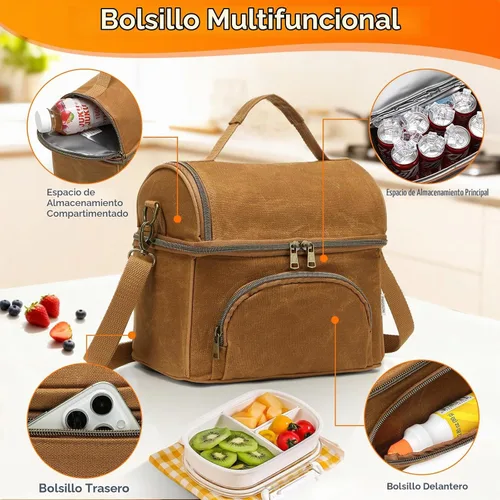 Vista 4 de Lonchera para hombres con 2 bolsas de hielo XL, bolsa de almuerzo de lona encerada resistente para hombres, bolsa enfriadora suave para adultos