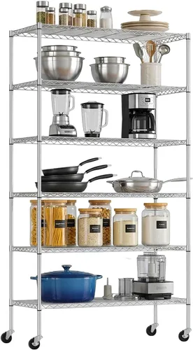 Vista 13 de PayLessHere Estante de alambre de 5 niveles con ruedas 14 x 30 x 60 pulgadas Negro Estantes ajustables Estantes de almacenamiento de alta