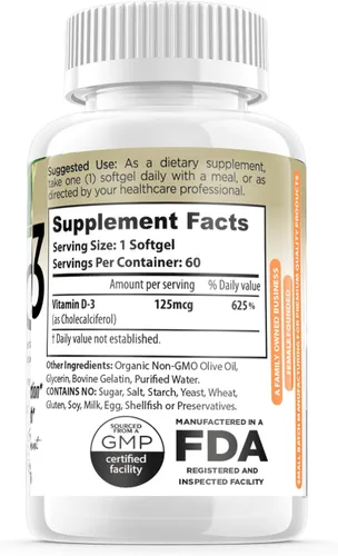 Vista 3 de Cápsulas blandas de vitamina D3 de 5000 UI (125 mcg) especialmente para estómagos sensibles, suplementos de vitamina D para la inmunidad/salud