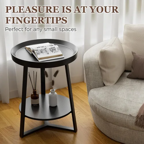 Vista 7 de Mesa auxiliar redonda Gadroad con estante de almacenamiento, mesa de noche de dos niveles estilo granja para sala de estar, dormitorio, superficie