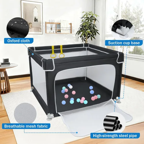 Vista 3 de Corralito para bebés y niños pequeños, valla para el suelo, malla suave y transpirable, base antideslizante, mini patio de juegos con anillo