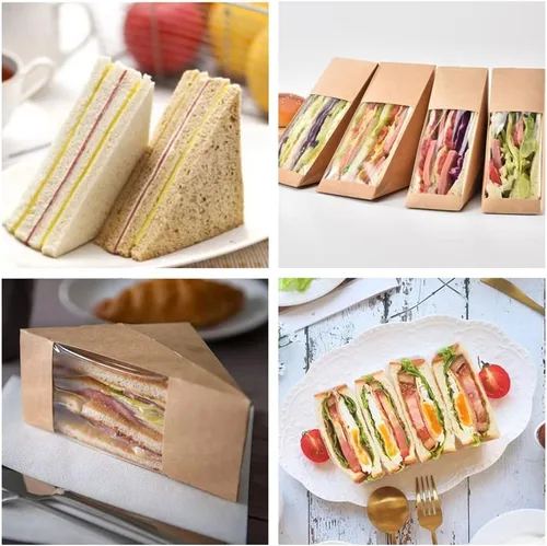Vista 6 de 50 cajas de papel sándwich, cajas de sándwich de papel kraft con ventana, caja de cuña, recipiente individual para sushi para panadería, pastel