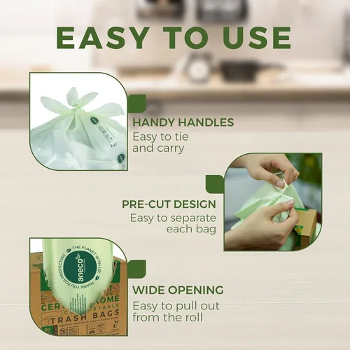 Vista 4 de ANECO Bolsas compostables de basura de alimentos de 13 galones, 50 unidades, bolsas de compost de cocina extra gruesas con asas, bolsas compostables