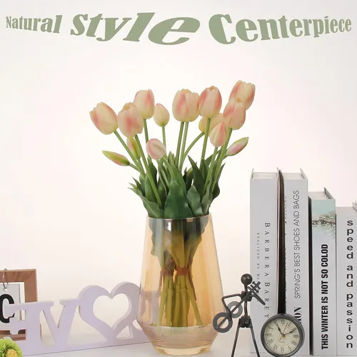 Vista 4 de 20 flores de tulipán artificiales, tallos de tulipán de tacto real de 16 pulgadas con hojas sintéticas, tulipanes y capullos sintéticos