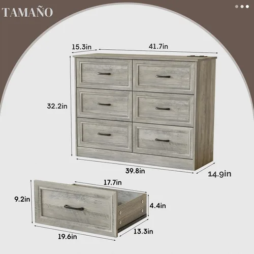 Vista 3 de Fameill - Cómoda para dormitorio, organizador de 9 cajones con estación de carga, cómoda alta para pasillo, cómoda de madera con tiradores de metal