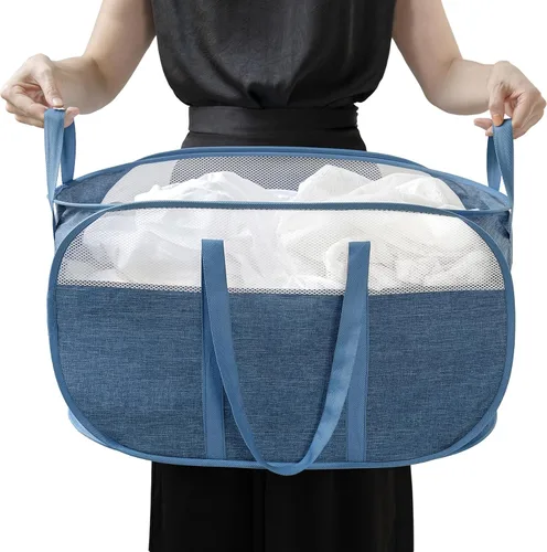 Vista 7 de Cesta de lavandería desplegable, con asas duraderas, cesta de malla plegable, fácil de abrir y plegar, tela catiónica de alta calidad