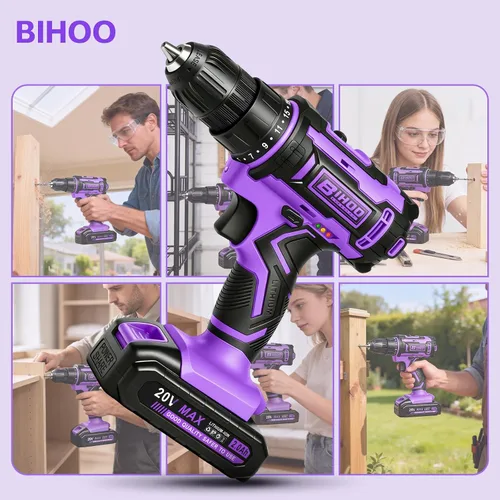 Vista 10 de Purple 20V Cordless Drill Electric Drill set, Electric Screwdriver with 2 Batteries & Charger, 3/8" Keyless Chuck, 25+1 Torque 2-Speed Hammer Drill