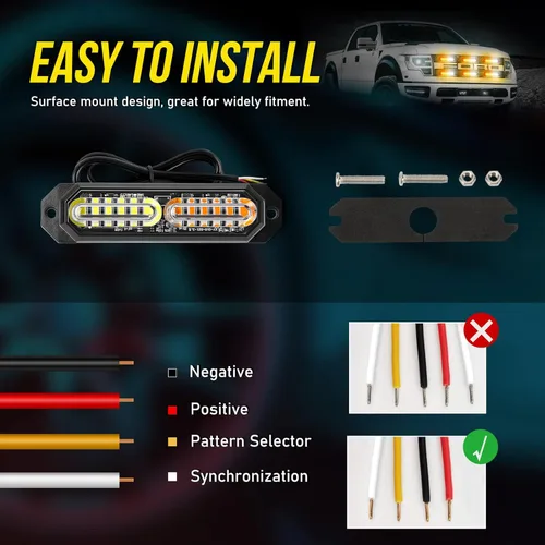 Vista 4 de Luz estroboscópica LED ámbar blanca, 12 luces LED de rejilla de montaje en superficie de emergencia, paquete de 4 mini barras de parrilla