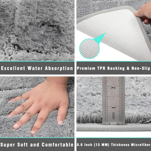 Vista 4 de HEBE Juego de 2 alfombras de baño antideslizantes grises para baño, tapete de baño de microfibra para ducha y inodoro en forma de U, lavable a