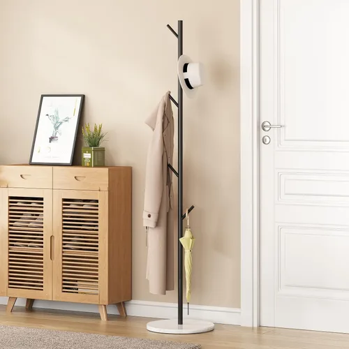 Vista 44 de Percheros de metal dorado, perchero de pie con base pesada, moderno árbol de abrigo con barra transversal y 3 ganchos, percheros de entrada