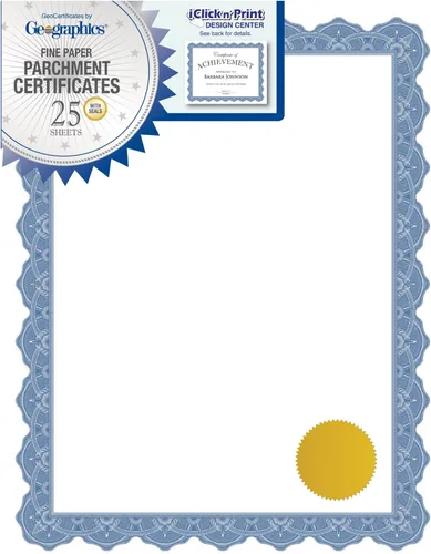 Geographics Optima Blue Blank Award - Papel certificado con sellos dorados, 8.5 x 11 pulgadas, sello de 1.75 pulgadas (paquete de 25)