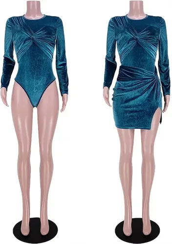 Vista 7 de Conjunto sexy de 2 piezas para mujer, de terciopelo, de manga larga, leotardo + vestidos fruncidos con abertura, ropa de club