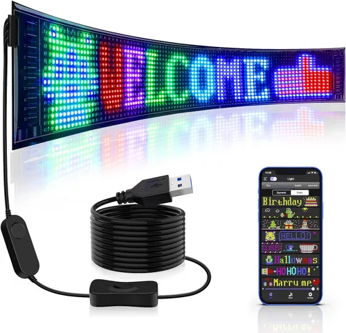 Vista 9 de Rayhome Mini letrero LED para automóvil, 6.7 x 2.76 pulgadas, panel de matriz LED flexible, USB 5 V, control de aplicación Bluetooth, letrero LED