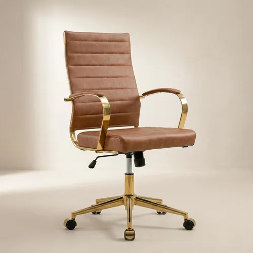 Vista 9 de Okeysen Silla de escritorio de oficina dorada, sillas ergonómicas de cuero modernas para sala de conferencias, silla ejecutiva acanalada ajustable