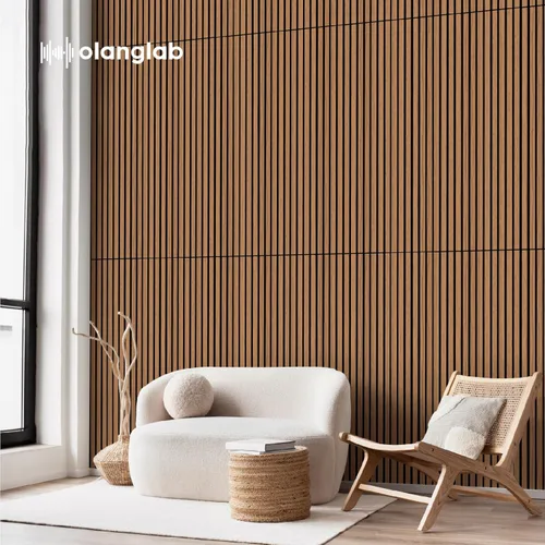 Vista 3 de Olanglab Paquete de 4 paneles de pared de madera acústica, paneles de pared de listones de madera con amortiguación de sonido, 23.6 x 47.2 pulgadas