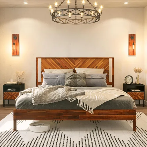 Vista 16 de Bme Ethan - Base de cama Queen con cabecera de diamante, moderna de mediados de siglo, madera de acacia maciza, no necesita somier, se adapta a