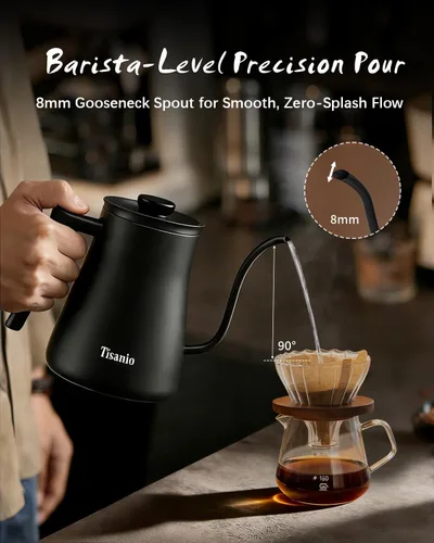 Vista 2 de Hervidor eléctrico de cuello de cisne para verter sobre café, control de temperatura de ±1 °F, calefacción inteligente, acero inoxidable 304, hervir