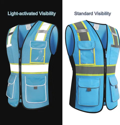 Vista 4 de Chaleco de seguridad para mujer, chaleco reflectante de alta visibilidad con 9 bolsillos múltiples y cremallera