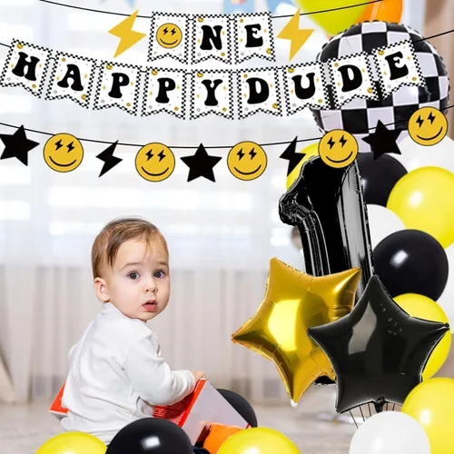Vista 6 de Whaline 48 globos a cuadros con globos de número uno, guirnalda de globos de número uno, decoración de pasteles para cara sonriente, suministros