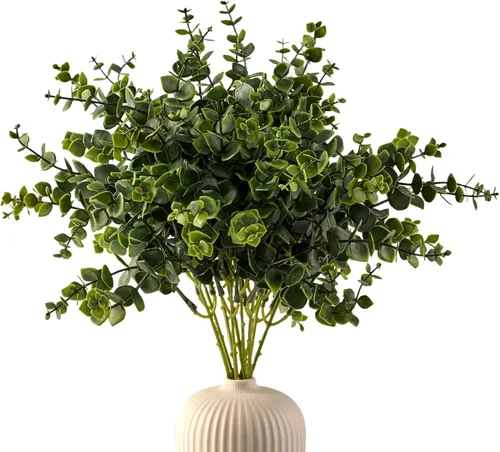 Vista 9 de Tallos de eucalipto, ramas de hojas de eucalipto artificiales, 12 paquetes de plantas artificiales para el hogar, oficina, ramo de flores, centro