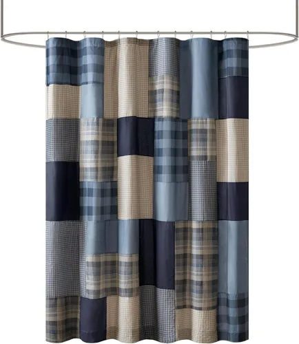 Vista 6 de Woolrich Winter Hills - Cortina de ducha 100% algodón, diseño a cuadros de cabaña, decoración de baño de granja, lavable a máquina, pantalla de Azul
