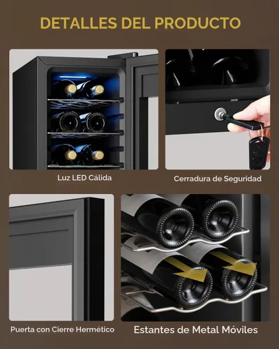 Vista 7 de Feelfunn Refrigerador de vino de 12 botellas – Pequeño refrigerador de vino para tinto, blanco, champán, bodega independiente con puerta de vidrio