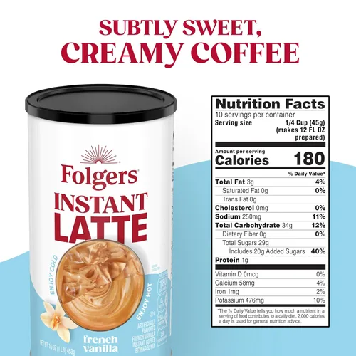 Vista 2 de Folgers Latte instantáneo con sabor a vainilla francesa, 16 onzas