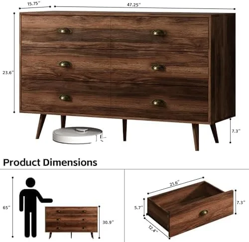 Vista 2 de JOZZBY Cómoda de 6 cajones para dormitorio, cómoda de madera de nogal con asas doradas, cómoda moderna de mediados de siglo para dormitorio