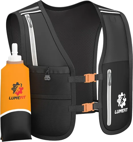 LUMEFIT Chaleco para correr con soporte para teléfono, chaleco de hidratación con botella de agua, chaleco reflectante para hombres y mujeres,