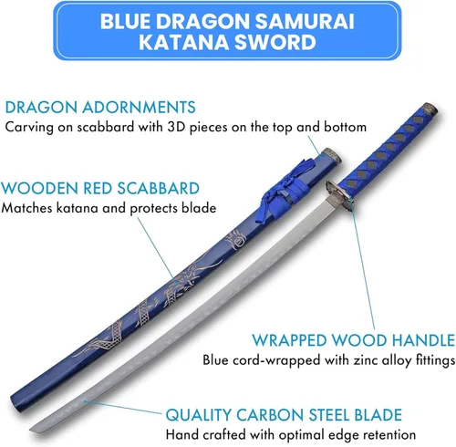 Vista 3 de SZCO Espada Katana Samurai de dragón azul de 40 pulgadas, hoja de acero al carbono con vaina de madera, mango envuelto en cordón, espada ninja