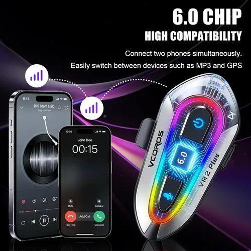Vista 5 de VCOROS Auriculares para casco de motocicleta con luces RGB, intercomunicador de casco de 2 vías para 2 conductores, intercambio de música (N+), chip