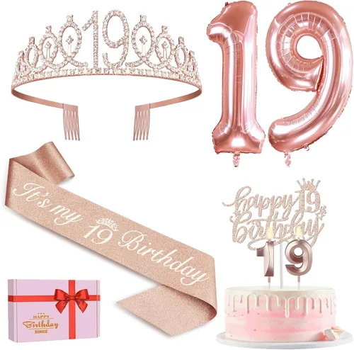 Vista 17 de Decoraciones de cumpleaños número 17 para niña, incluyendo tiara y banda de cumpleaños de 17, decoración para pastel y velas, globos de números