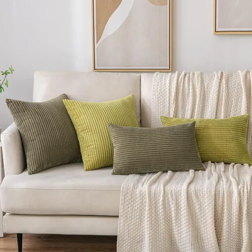 Vista 4 de EMEMA Juego de 2 fundas de cojín de pana decorativas de pana suave a rayas cuadradas, fundas de almohada de primavera para sofá, dormitorio, silla