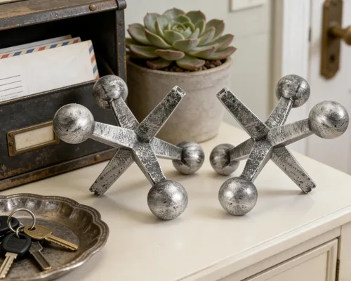 Vista 6 de Retro Jack Knick Knacks Decor de Acento Metálico Plateado Set de 2 Pequeños Objetos Decorativos Antiguos para Estantería de Hogar Dormitorio Oficina